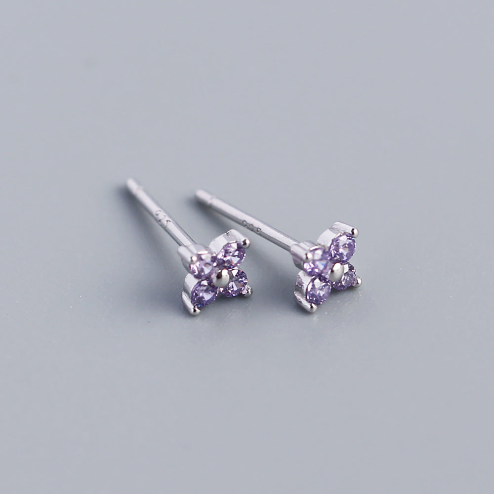 Wholesale Simple Diamond S925 Silver Four-leaf Flower Sweet Small Colorful Flower Earrings